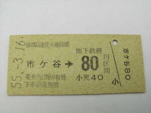 帝都高速度交通営団　市ヶ谷→地下鉄線80円区間　昭和55年3月16日　(都)市ヶ谷駅発行