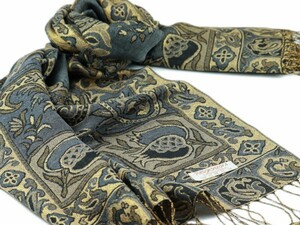 ナチュファブ♪NF-0750 上品 厚手 カシミア【Paisley buds/グレー系金糸】 大判 ストール パシュミナ/カシミア