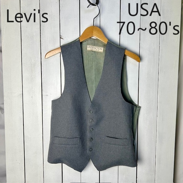 USA古着 70s～80s Levis ACTION SUITS ピンストベスト ジレ S～M グレー オールド リーバイス ヴィンテージ アメリカ古着 ●77