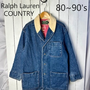 USA古着 80s～90s Ralph Lauren COUNTRY 厚手デニムカバーオール 44 S～M ポロカントリー ヴィンテージ ラルフローレン RRL 韓国製●154