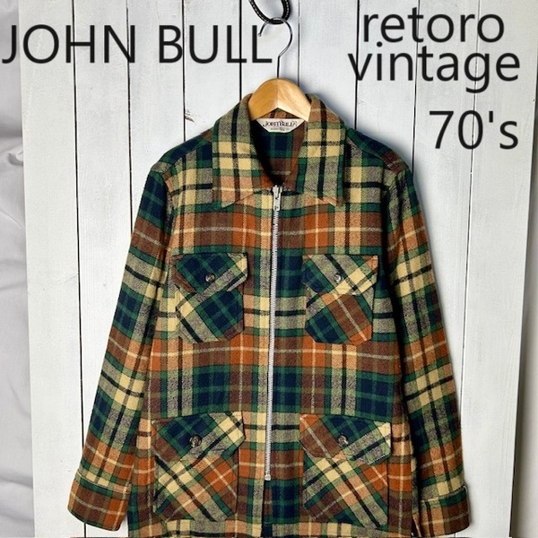 昭和レトロ古着 70s JOHNBULL チェック ジップウールジャケット S～M オールド ヴィンテージ ジョンブル レナウン シャツジャケット ●126