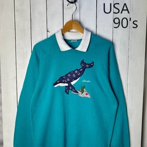 USA古着 90s USA製 クジラパッチワーク 襟付きラグランスウェット XL 青緑 JERZEES オールド ヴィンテージ 動物柄 ●220