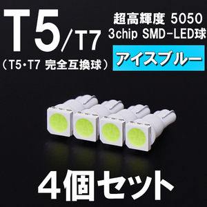 【新型短サイズ】T5/T7超高輝度3chipSMDLEDウエッジ球　アイスブルー　4個セット ＜クリックポスト送料：国内均一￥185＞