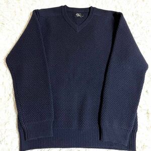 CK Calvin Klein カルバンクライン 高級 ウール100% 秋冬 Vネック ニット セーター レディース メンズ 紺 ネイビー L