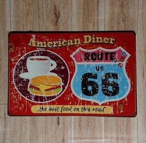 ブリキ看板 ☆　ルート66　ROUTE66　ハンバーガー　AMRICAN DINER：アメリカン雑貨 ☆