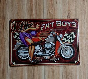 ブリキ看板：美女　モーターサイクル　I LIKE FAT BOYS ：アメリカン雑貨☆