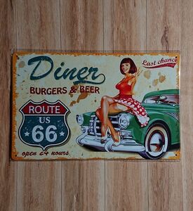 ブリキ看板： 美女　レトロカー　ディナー　DINNER　BURGERS & BEER　ROUTE66：アメリカン雑貨 ☆