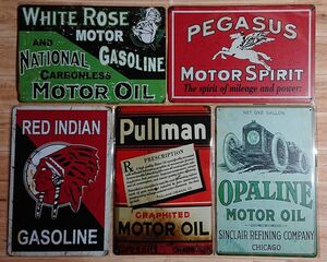  ブリキ看板 5枚 ☆　モーターオイル　MOTOROIL　ペガサス　OPALINE　PULLMAN　RED INDIAN　壁飾り：アメリカン雑貨☆