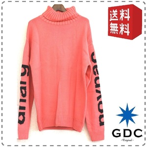 GDC ジーディーシー ハイネックセーター 両袖プリント 厚手ローゲージニット ピンク メンズLサイズ 本州送料無料 A171