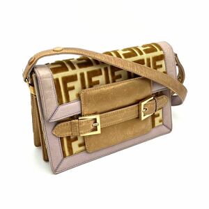 良品 FENDI フェンディ ズッカ ベルト ハラコ × キャンバス × レザー ショルダー バッグ D0752N