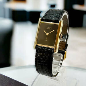 T325 稼働品 Cartier カルティエ ARGENT 925 手巻き レディース 腕時計 黒文字盤 マストタンク アルジャン 永久保証書有 