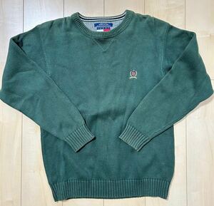 希少　レア　90s　TOMMY HILFIGER　トミーヒルフィガー　レトロ　ニット　セーター　Vガゼット　グリーン　刺繍ロゴ　メンズ　Mサイズ