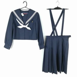 1円 セーラー服 スカート スカーフ 上下3点セット トンボ 冬物 白3本線 女子 学生服 大分今津中学 紺 制服 中古 ランクC NA8871