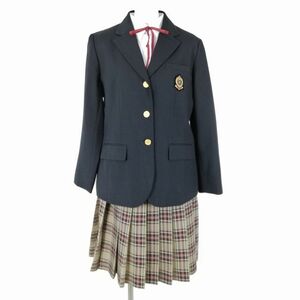 1円 ブレザー チェックスカート 紐タイ 上下4点セット L 大きいサイズ 冬物 女子 学生服 静岡飛龍高校 黒 制服 中古 ランクB NA9419