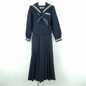 1円 セーラー服 ロングスカート スカーフ 上下3点セット 冬物 白2本線 女子 学生服 中学 高校 紺 制服 中古 ランクC NA9840