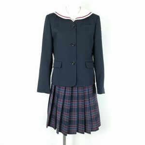 1円 ジャケット チェックスカート 上下2点セット 冬物 女子 学生服 中学 高校 紺 制服 中古 ランクC NA9859