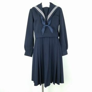 1円 セーラー服 ジャンパースカート スカーフ 上下3点セット 160A カンコー 冬物 白3本線 女子 学生服 中学 高校 紺 中古 ランクC NA9970