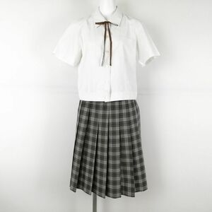 1円 ブラウス チェックスカート 紐タイ 上下3点セット S 富士ヨット 夏物 女子 学生服 中学 高校 白 制服 中古 ランクC NA9976