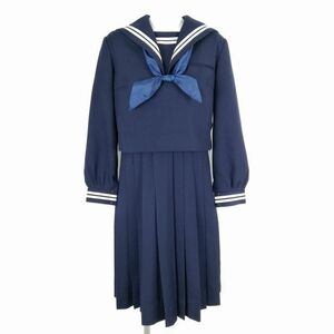 1円 セーラー服 ジャンパースカート スカーフ 上下3点セット 指定 冬物 白2本線 女子 学生服 中学 高校 紺 制服 中古 ランクC EY0035