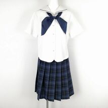 1円 セーラー服 チェックスカート スカーフ 上下3点セット カンコー 夏物 青1本線 女子 学生服 中学 高校 白 制服 中古 ランクC EY0027_画像1