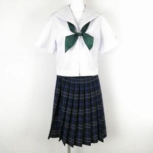 1円 セーラー服 チェックスカート スカーフ 上下3点セット 夏物 白2本線 女子 学生服 福岡三池高校 白 制服 中古 ランクC EY0026