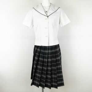 1円 セーラー服 チェックスカート 上下2点セット 夏物 青1本線 女子 学生服 熊本北高校 白 制服 中古 ランクC EY0196