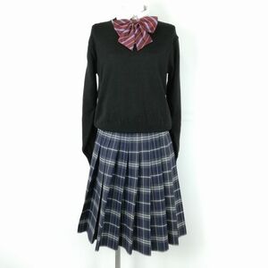 1円 セーター チェックスカート リボン 上下4点セット M 冬物 女子 学生服 中学 高校 黒 制服 中古 ランクB NA9903