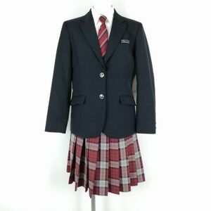 1円 ブレザー チェックスカート ネクタイ 上下4点セット 165A 冬物 女子 学生服 東京上野高校 紺 制服 中古 ランクB EY0378