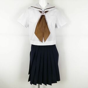 1円 セーラー服 スカート スカーフ 上下3点セット 155A カンコー 夏物 茶1本線 女子 学生服 岡山久世中学 白 制服 中古 ランクC EY0525