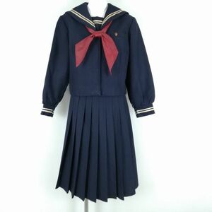 1円 セーラー服 スカート スカーフ 上下3点セット 冬物 白2本線 女子 学生服 群馬桐生第一高校 紺 制服 中古 ランクC EY1086