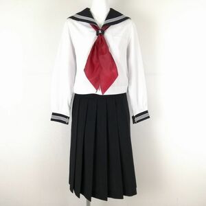 1円 セーラー服 スカート スカーフ 上下3点セット 160A ELLE 中間服 白3本線 女子 学生服 高知商業高校 白 制服 中古 ランクC EY0797