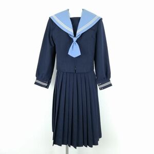 1円 セーラー服 スカート 上下3点セット 160A トンボ 冬物 白3本線 女子 学生服 中学 高校 ヒロミチナカノ 紺 中古 ランクC EY1587