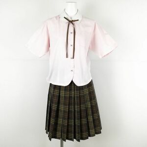 1円 ブラウス チェックスカート 紐タイ 上下3点セット L 大きいサイズ 夏物 女子 学生服 大阪羽衣学園中学高校 ピンク 中古 ランクC EY1586