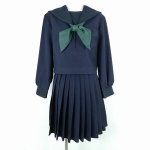 1円 セーラー服 スカート スカーフ 上下3点セット 冬物 緑3本線 女子 学生服 中学 高校 紺 制服 中古 ランクC EY1591