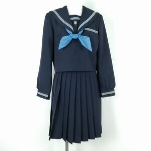 1円 セーラー服 スカート スカーフ 上下3点セット 160 大きいサイズ 冬物 青3本線 女子 学生服 大阪大正西中学 紺 中古 ランクC EY1612