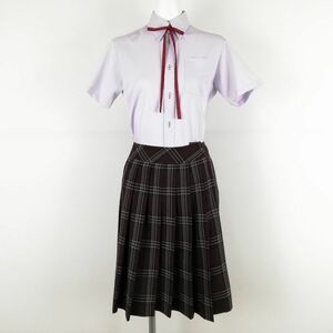 1円 ブラウス チェックスカート 紐タイ 上下3点セット S トンボ 夏物 女子 学生服 中学 高校 ピンク 制服 中古 ランクC EY1561