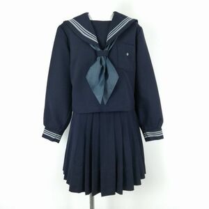 1円 セーラー服 スカート スカーフ 上下3点セット 大きいサイズ 冬物 グレー3本線 女子 学生服 中学 高校 紺 制服 中古 ランクC EY1625