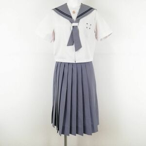 1円 セーラー服 スカート ネクタイ 上下3点セット 指定 夏物 青2本線 女子 学生服 長崎桜が原中学 白 制服 中古 ランクC EY1779