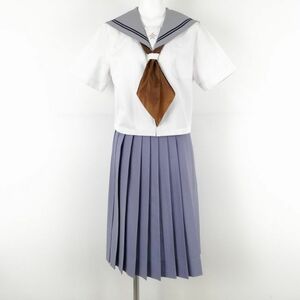 1円 セーラー服 スカート スカーフ 上下3点セット 指定 大きいサイズ 夏物 青2本線 女子 学生服 長崎桜が原中学 白 中古 ランクC EY1790