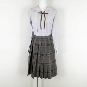 1円 セーラー服 チェックスカート 上下3点セット 160A 富士ヨット 中間服 女子 学生服 東海大学付属相模高校 白 中古 ランクC EY1938