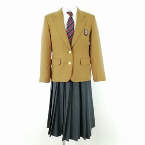 1円 ブレザー チェックスカート ネクタイ 上下4点セット 155A 冬物 女子 学生服 長崎商業高校 キャメル色 制服 中古 ランクC EY2086