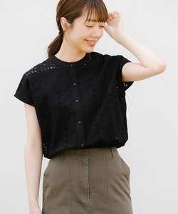 即決☆美品　昨年購入　URBAN RESEARCH Sonny Label　半袖ブラウス　バンドカラーコットンレースシャツ　黒