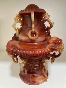 #3097　瑪瑙　めのう　香炉　中国美術　透かし彫り　彫刻　上海錦兆芸術博物院