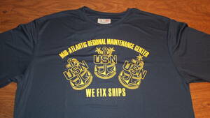 【US NAVY】米海軍ノーフォーク基地 大西洋メンテナンスセンターバージニア州　USN ドライTシャツサイズL 紺 SRF シップヤード