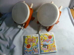 任天堂　Wii 　タタコン　太鼓の達人　太鼓とバチ 2個 + ソフト2枚　①　使用感有　中古