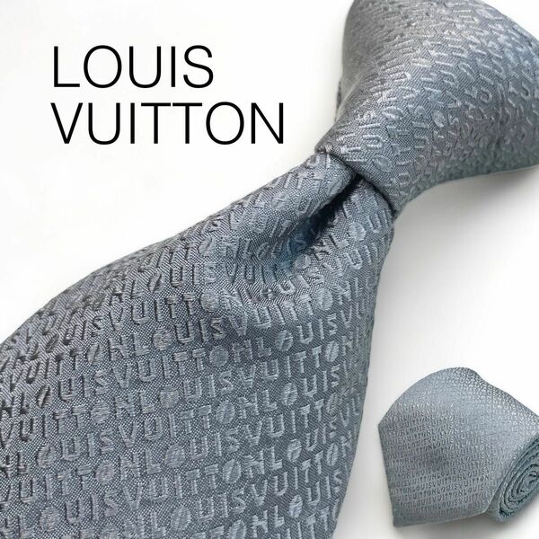 LOUIS VUITTON LV ルイヴィトン総柄ロゴ文字イタリア製シルク100メンズハイブランド レギュラーネクタイ灰グレー 
