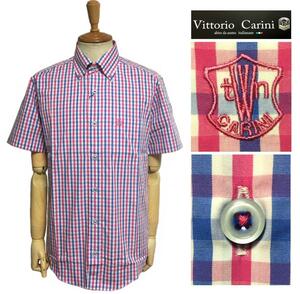 Vittorio Carini　ビットリオ カリーニ ワンポイント刺繍 半袖ボタンダウンシャツ レッドｘブルーチェック柄　日本製 size46　M