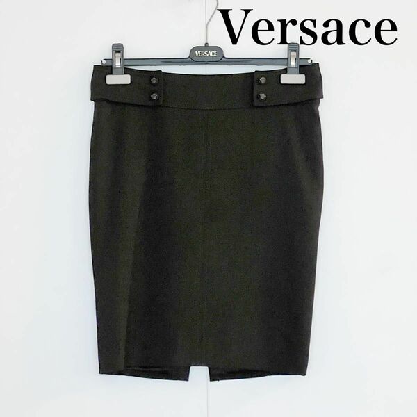 スカート ひざ丈 ブラック タイト ウール 黒　レディース　ヴェルサーチ　Versace ボトム　メデューサ　ロゴ