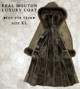 * gorgeous fox fur trim [QUEEN ROSE] sheep leather real mouton 2WAY.... luxury f- dead coat XL size corresponding *