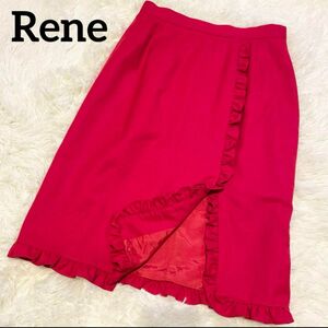 美品★ Rene ルネ　タイト　スカート 膝丈　フリル スリット　 9号　M 赤　レッド　 裏地あり ボトムス